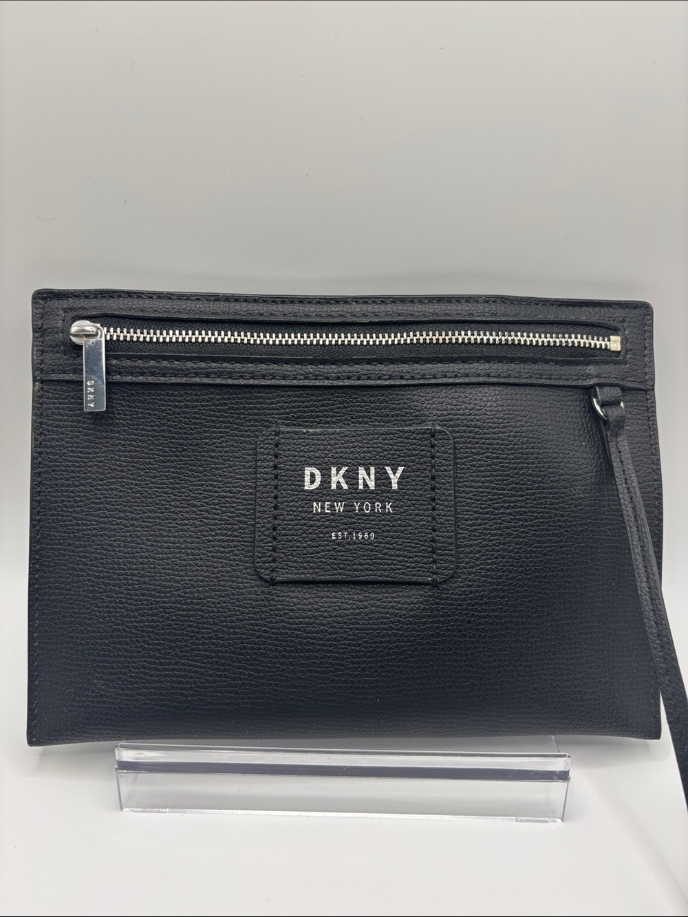 DKNY Black Pebbled Leather Wristlet Clutch with Silver Zip